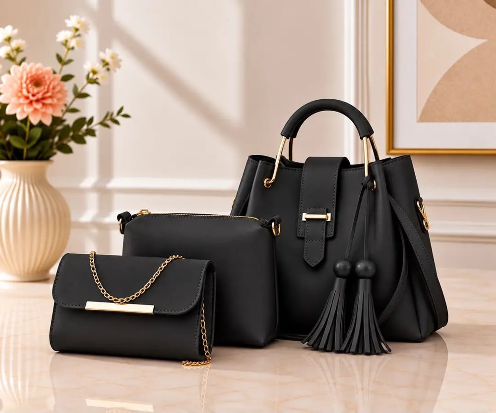 Girl's Rexine Plain Hand Bag Set (3 Pcs)